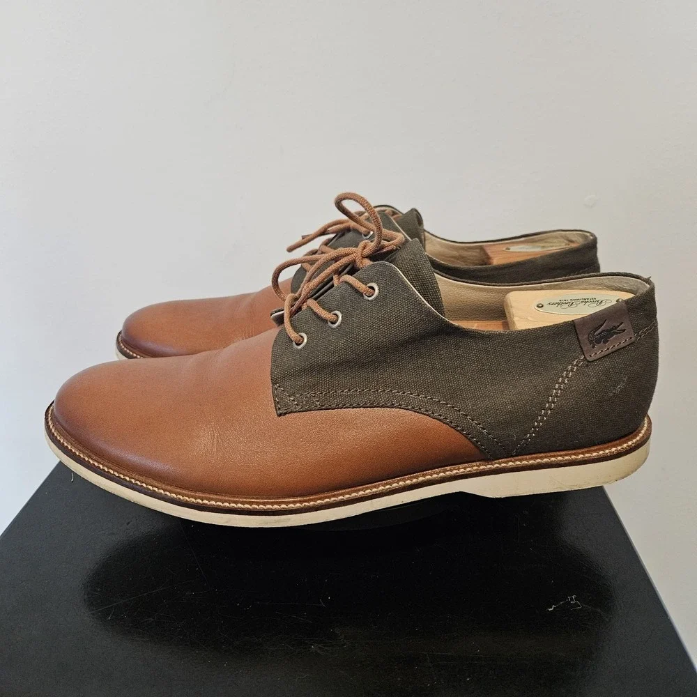 Lacoste Men's Sherbrooke Oxford Leather Canvas Brown Shoes Size 12